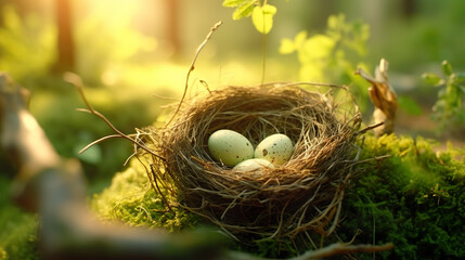 Obraz premium The bird's nest is made from dried grass woven together among branches and green leaves.