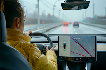 Backview of young woman driving in rain on road while using car navigation to reach her destination, modern car technology concept, Generative AI