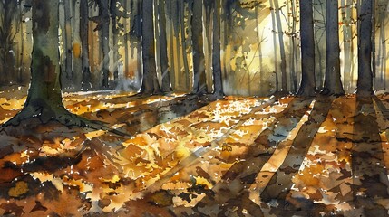 Watercolor depiction of a late afternoon in the forest, the dappled sunlight creating a calm and meditative ambiance on a bed of fallen leaves