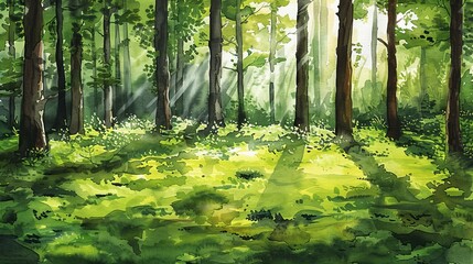 Watercolor depiction of a serene woodland clearing, sunlight illuminating vibrant greens and the quiet of the forest floor