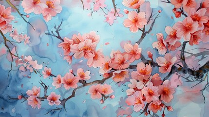 Watercolor depiction of cherry blossoms in full bloom against a clear blue sky, the gentle flowers evoking feelings of serenity and new beginnings