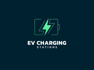 Electric vehicle charging with Lightning Bolt icon in Battery outline Symbol logo vector design concept. EV Battery logotype symbol for Electric Car, EV station, ui, web, ev business, infographic.
