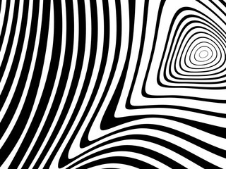 Abstract hypnotic wave pattern with black-and-white striped lines. Psychedelic background. Op art, optical illusion. Modern design, graphic texture.