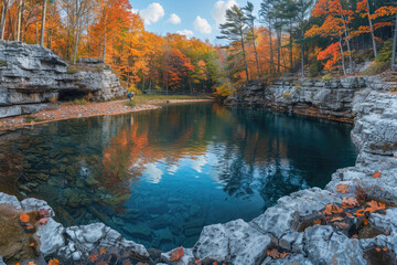  photograph of the colorful fall foliage at a designer hot spring pool in Charles distinctive landscape. Created with Ai