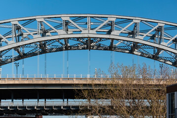 Metallic structure. Metal bridge over river.