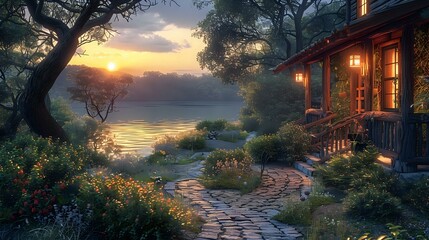 Dusk's Embrace: A Serene Home and Garden Aglow