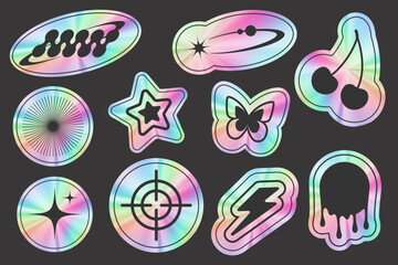 Y2k holographic stickers with realistic gradient texture. Retro foil labels set. Vector rainbow 2000s design stamps. Iridescent acid trendy elements collection. Modern neon emblems.