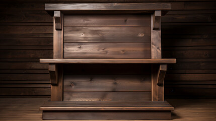 A wooden shelf with a dark brown color