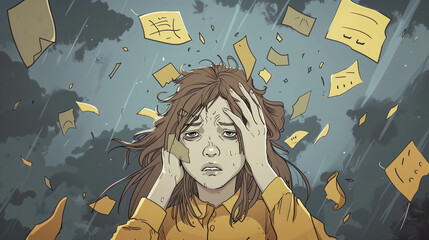 A distressed woman is depicted with her head in her hands, surrounded by sticky notes and scribbles representing anxiety. The atmosphere is tense and overwhelming, with the woman visibly distressed. 