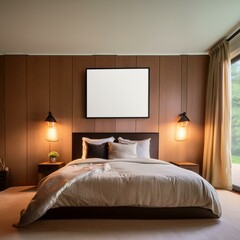 bedroom with bed,A bedroom in a cozy home interior, displaying a blank frame mockup on the wall against a backdrop of polished wood grain,