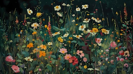 many flowers growing wild outdoors illustration poster background