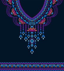 Neck design featuring floral, jewelry, and swirl shape motifs. Colorful symmetrical patterns for the neckline with a dark blue background. Suite for V-neck shirt, kaftan, tunic, and dashiki shirt.
