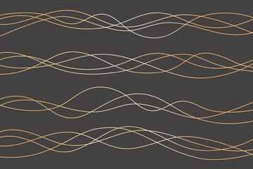 Wavy golden lines on black background. Curve vector ribbons. Abstract luxury swirl shiny elements. Elegant yellow horizontal strokes.