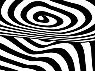 Abstract hypnotic wave pattern with black-and-white striped lines. Psychedelic background. Op art, optical illusion. Modern design, graphic texture.