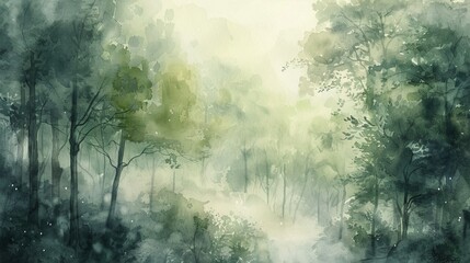 Watercolor illustration of a misty morning in a lush woodland, the soft haze adding a mystical quality to the verdant surroundings