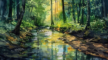 Watercolor illustration of a small creek winding through a dense forest, the play of light and shadow on the water adding depth and tranquility