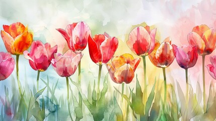 Watercolor illustration of tulips in full bloom, the vivid colors standing out against a soft, muted background, enhancing a serene clinic environment