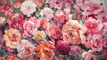 Watercolor of a lush bouquet of garden roses in full bloom, vibrant pinks and reds infusing the clinic space with warmth and joy