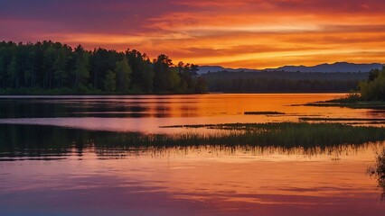 Fototapeta premium sunset on the lake Serenity's Embrace Tranquil Sunset Reflections