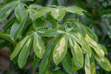 Close-up of Umbrella Tree Schefflera Leaves with Fresh Water Droplets - Nature Detail, Rainy Day, Indoor Gardening