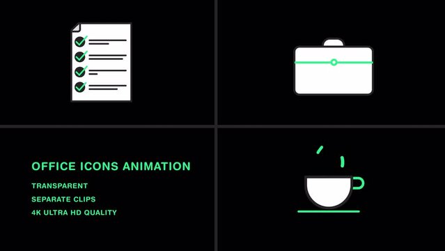 Office icons animation clips, hot coffee, office suitcase and document with check marks, green and black combination, smooth animated office icons