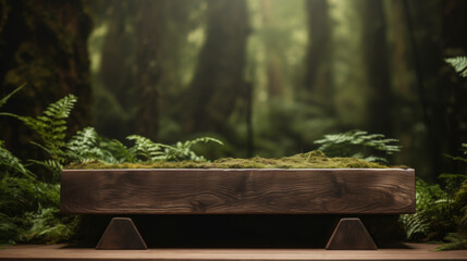 Naklejka premium A wooden bench with moss growing on it in a forest setting