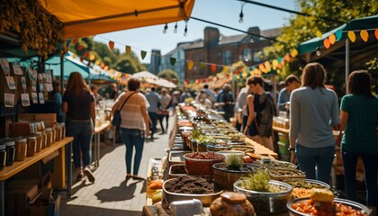 a photo of a food market on a sunny bank holiday weekend - Powered by Adobe