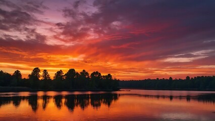 Naklejka premium sunset on the lake Serenity's Embrace Tranquil Sunset Reflections