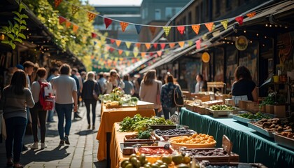 a photo of a food market on a sunny bank holiday weekend - obrazy, fototapety, plakaty
