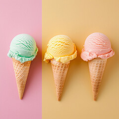Overhead shot of ice cream scoope in waffle cone pink yellow mint flavor on pink background. Top view, copy space. High quality beautiful photo sweet concept