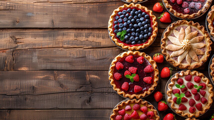 Diffrent summer colourful pies homemade with mix fresh berries. Healthy dessert breakfast on wooden background, top view, copy space. Bakery concept. Delicious fruit dessert. Fruit cake