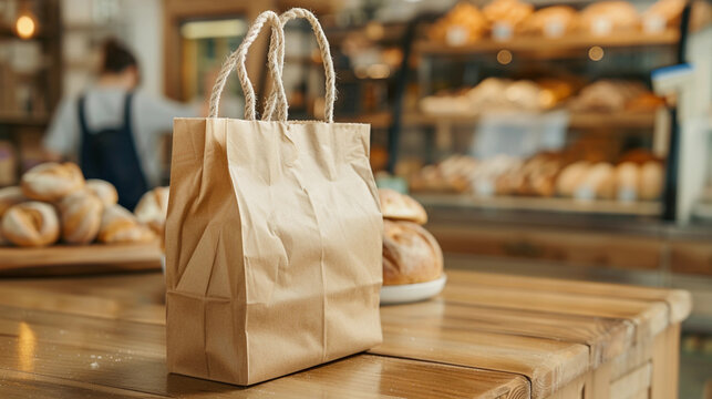 a craft paper bag on the table of an intdoor cafe, bakery and pastry shop.