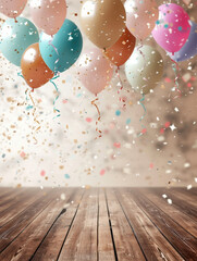 Festive colorful balloons and confetti vertical background with room for copy space for a banner or sign