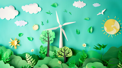 Illustrative eco-friendly environment concept with paper cut-outs of trees, windmill, and sun, Concept of sustainability and green energy.