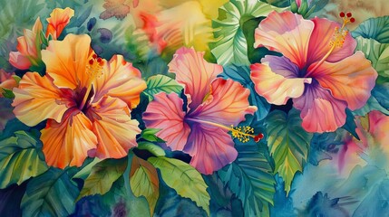 Watercolor painting of tropical hibiscus flowers, the intense colors enhancing the lively and refreshing clinic ambiance