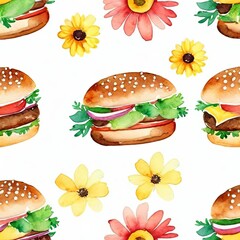 watercolor of Burgers on a white background, cute and comical,big tasty burger with meat and vegetables in bright colors - obrazy, fototapety, plakaty