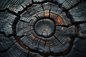 A closeup of the cross section of an old, charred tree trunk with visible rings and texture. Created with Ai