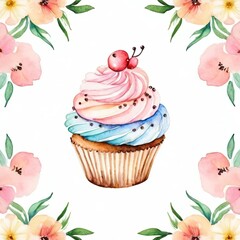 Cute cupcake with flowers, watercolor illustration cupcake with cream and flowers clipart for design greeting card, - obrazy, fototapety, plakaty