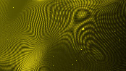 Abstract yellow particles dot-wave background. Abstract wavy dot and falling particle on black background. Technology grunge halftone particle background