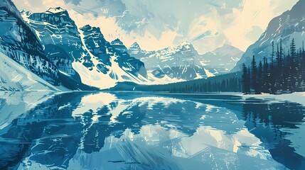 serene alpine lake surrounded by towering snow abstract illustration poster background