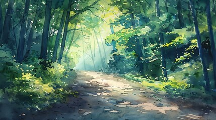 Watercolor scene of a sunlit forest path, dappled sunlight filtering through vibrant green leaves, evoking calm and renewal
