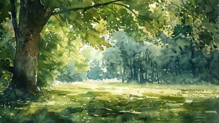 Watercolor scene of dappled sunlight filtering through a lush green canopy, highlighting the tranquil beauty of a serene woodland floor
