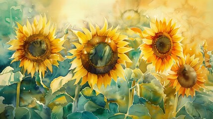Watercolor scene of sunflowers turning towards the sun, their bright yellows and deep greens creating an atmosphere of warmth and positivity
