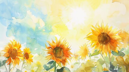 Obraz premium Watercolor scene of sunflowers turning towards the sun, their bright yellows and deep greens creating an atmosphere of warmth and positivity