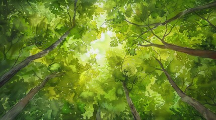Watercolor scene of a canopy view within a rich forest, looking upwards at the sky through layers of vibrant green leaves - obrazy, fototapety, plakaty