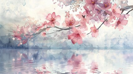 Watercolor scene of a cherry blossom branch overhanging a peaceful pond, the blossoms' transient beauty reminding of renewal and the fleeting nature of life - obrazy, fototapety, plakaty