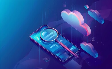3D vector illustration of a digital isometric modern blue background with a magnifying glass and tools