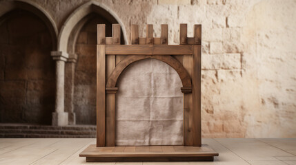 A wooden archway with a curtain hanging over it