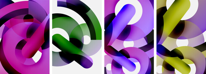 A vibrant collage of purple, violet, magenta, and electric blue swirls in various shapes like circles and rectangles, creating a stunning art pattern on a white background
