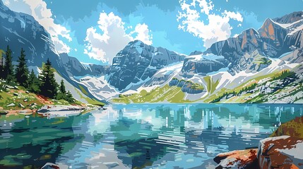 serene alpine lake surrounded by towering snow abstract illustration poster background - obrazy, fototapety, plakaty